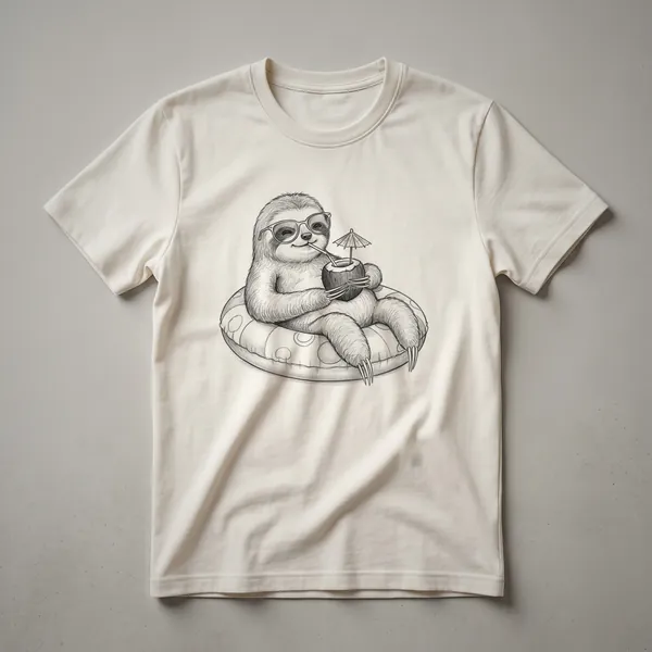 White graphic t-shirt featuring a cartoon sloth wearing sunglasses and a party hat, floating in a blue pool with a beach ball.