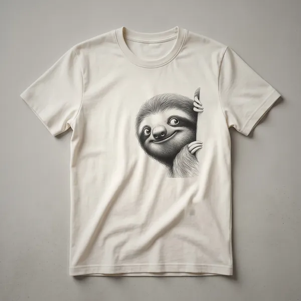 White graphic t-shirt with a cartoon sloth peeking over the bottom hem, showing its face and front paws.