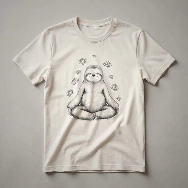 Black graphic t-shirt with a sloth meditating inside a lotus flower, surrounded by subtle Buddhist and Zen elements.