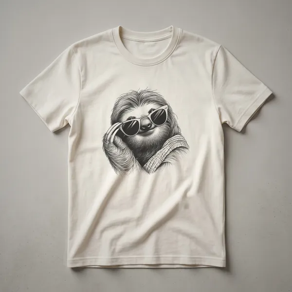 White graphic t-shirt featuring a sloth wearing dark sunglasses, with the text 'Cool Sloth Sunglasses Design' below.