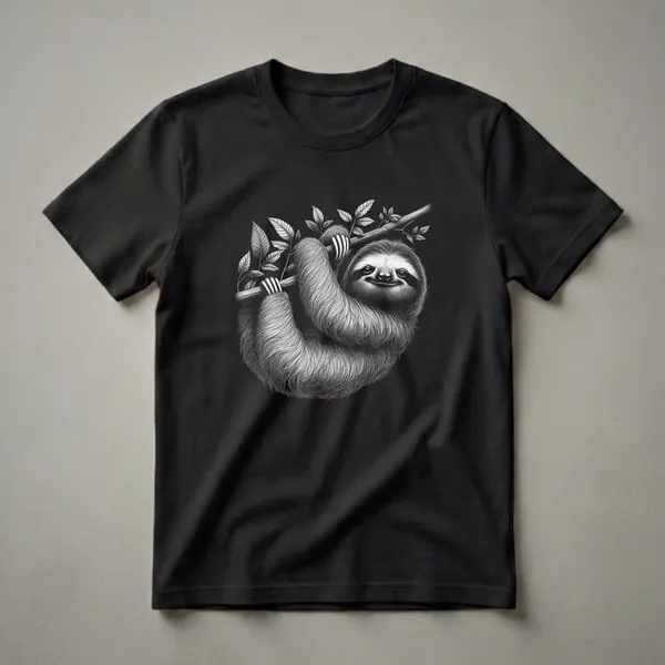 Black and white graphic t-shirt featuring a detailed scratchboard illustration of a three-toed sloth hanging from a branch with leaves, set against a black background.