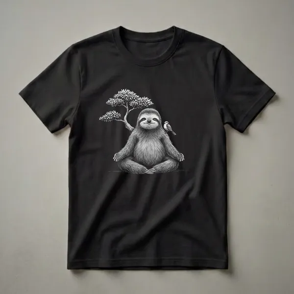 Black and white graphic t-shirt featuring a sloth meditating in a lotus position under a bonsai tree, with a small bird perched on its shoulder.