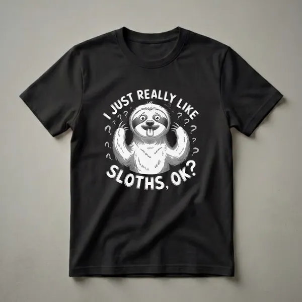 Black t-shirt with a grinning sloth arms raised surrounded by question marks and bold white text reading I JUST REALLY LIKE SLOTHS OK.