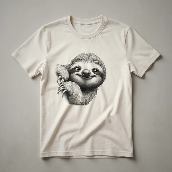 White graphic t-shirt with a cartoon sloth peeking from the bottom edge, showing its face and front paws with a smiling expression.