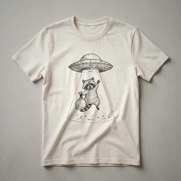 White graphic t-shirt featuring a cartoon raccoon wearing a space helmet and holding a ray gun in front of a UFO.