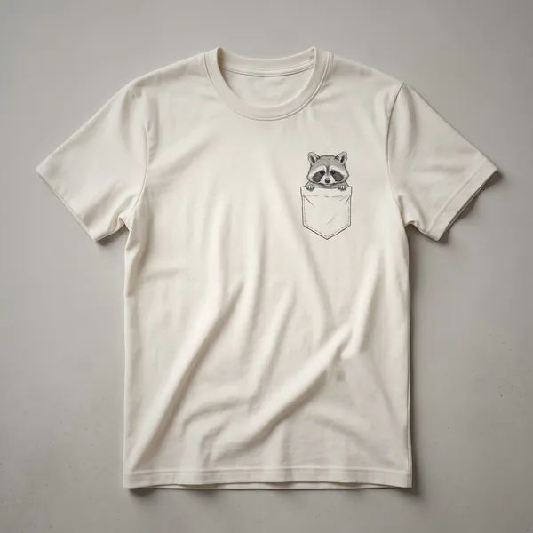 A black t-shirt with a graphic design of a cute raccoon peeking out from a faux pocket.