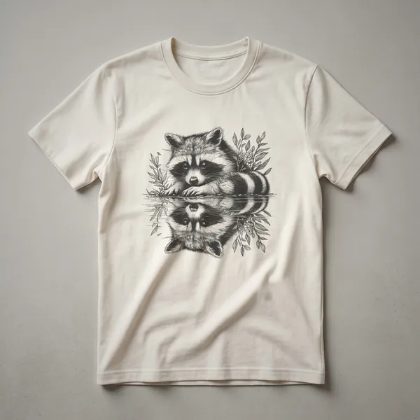 Black t-shirt with a graphic design of a raccoon in a reflective forest scene, featuring trees and natural elements.