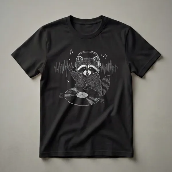 Black t-shirt with a white sketch of a raccoon wearing headphones and DJing a vinyl record, with musical notes and sound waves.