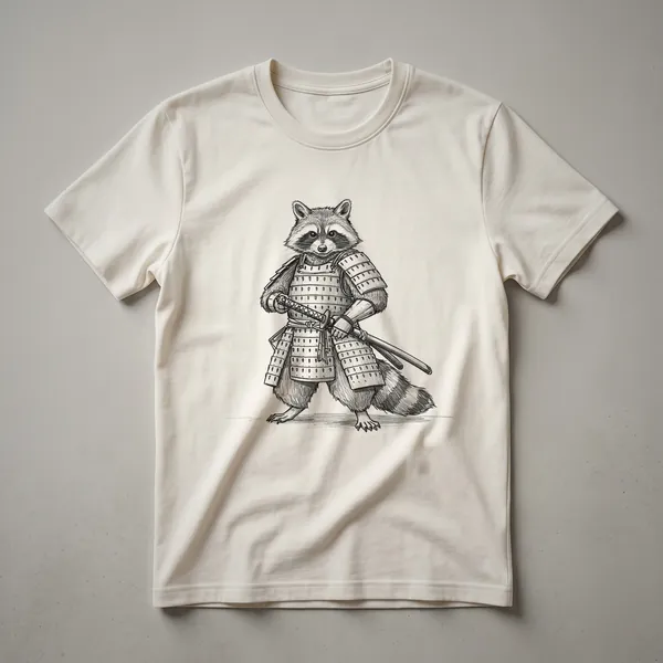 A vintage drawing of a raccoon wearing samurai armor and holding a sword, printed on a white t-shirt.
