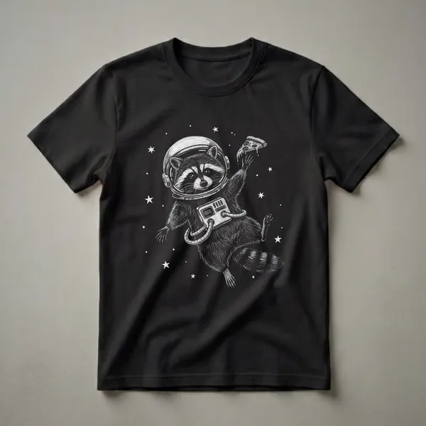 Black and white graphic t-shirt featuring a raccoon wearing an astronaut helmet and holding a slice of pizza, set against a starry black background.