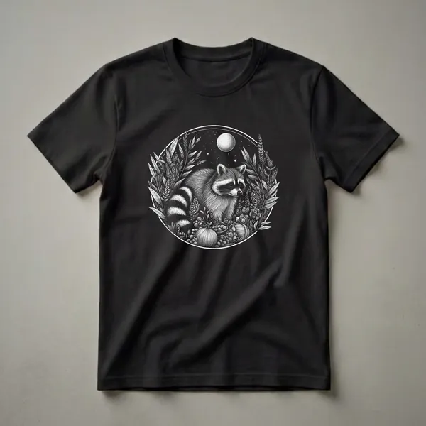 Black and white graphic t-shirt featuring a raccoon in a nature scene with plants, produce, a full moon, and a starry night sky, all within a circular frame.