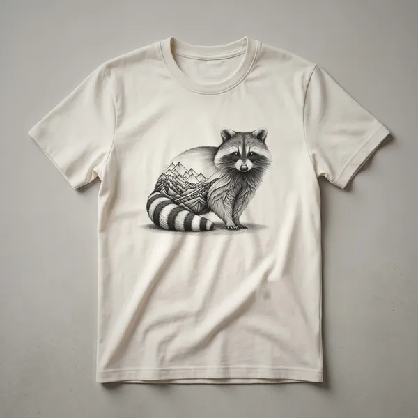 A black and white sketch of a raccoon with the word 'Raccoon' below, printed on a heather grey t-shirt.
