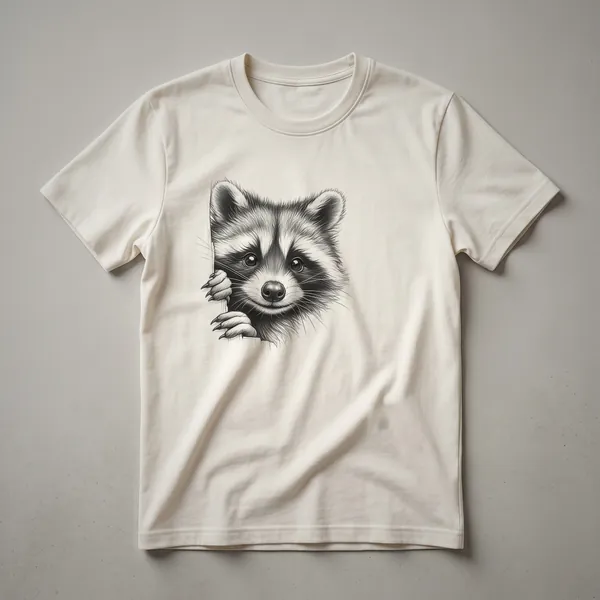 White t-shirt with a graphic of a cartoon raccoon peeking from the bottom edge, featuring its black mask and ringed tail.