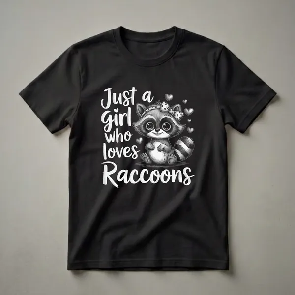 Black t-shirt with a sketch-style graphic of a cute raccoon wearing a bow, surrounded by hearts, with the text "Just a Girl Who Loves Raccoons" in white.