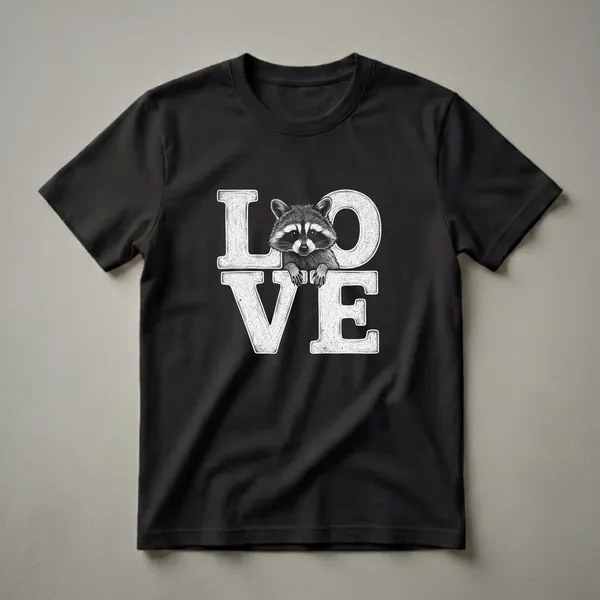 Black t-shirt with a white sketch design of a raccoon peeking over the word LOVE, rendered in a stippling art style.