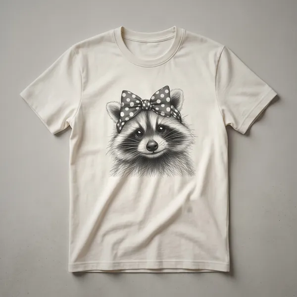 White graphic t-shirt featuring a raccoon face with a black mask and a floral crown on its head, designed for women and girls.