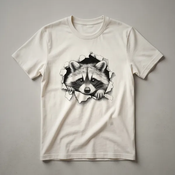 A white t-shirt with a vintage-style graphic of a raccoon peeking from the bottom edge, rendered with distressed textures.