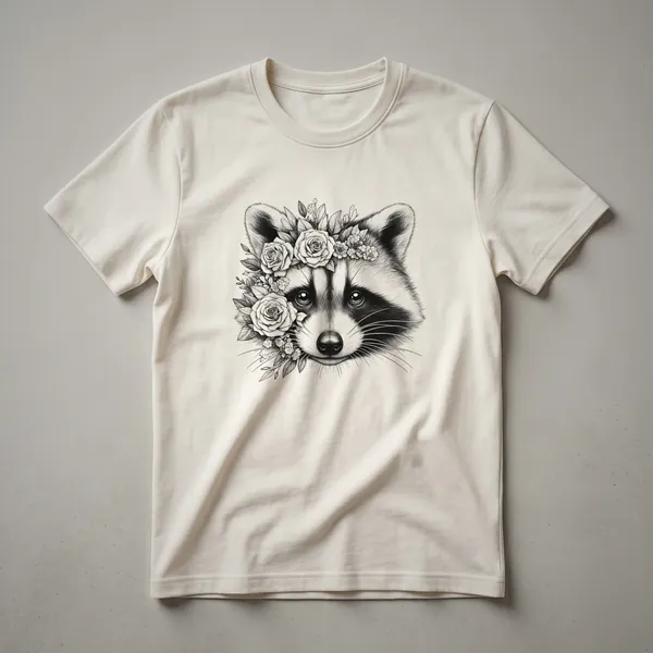 Black and white graphic t-shirt featuring a raccoon's face wearing a crown of roses and small flowers.