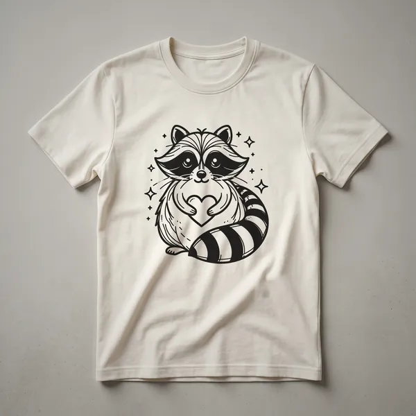 A white t-shirt featuring a black line art design of a raccoon's face forming a heart shape.