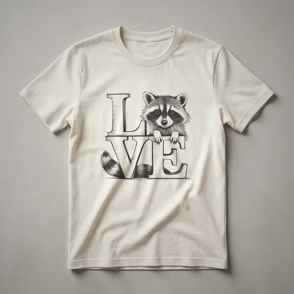 A white graphic t-shirt featuring a black and grey illustration of a raccoon holding a red heart in its paws, with the text 'Raccoon Love Artwork Design' below.