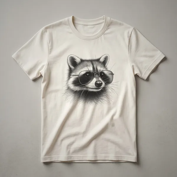 A graphic t-shirt featuring a raccoon wearing dark sunglasses, presented on a plain background.