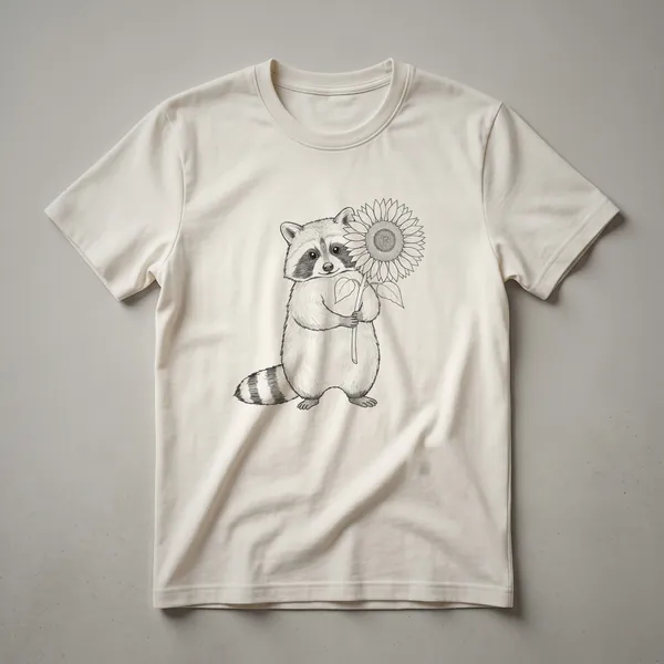 A graphic t-shirt featuring a cute raccoon holding a sunflower in a woodland wildlife design.
