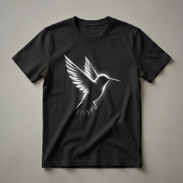 Black t-shirt with a white stylized hummingbird graphic in flight, featuring detailed linework and stippling.