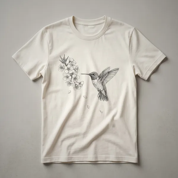 Black t-shirt with a graphic design of a hummingbird in flight surrounded by colorful flowers.