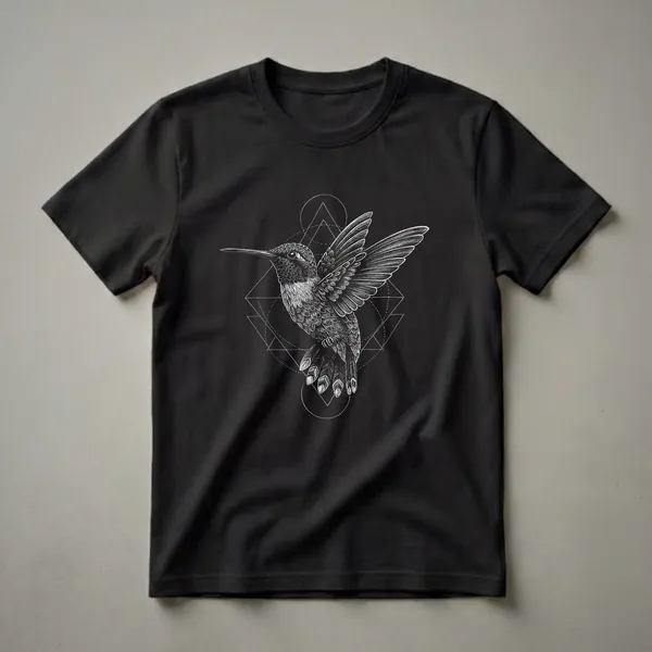 Black t-shirt with a white detailed illustration of a hummingbird in flight, surrounded by geometric shapes.