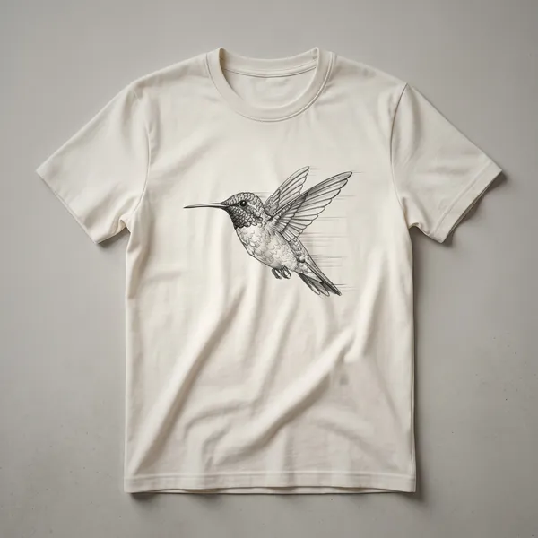 White graphic t-shirt featuring a watercolor painting of a hummingbird in flight with abstract floral elements in shades of pink, blue, and green.
