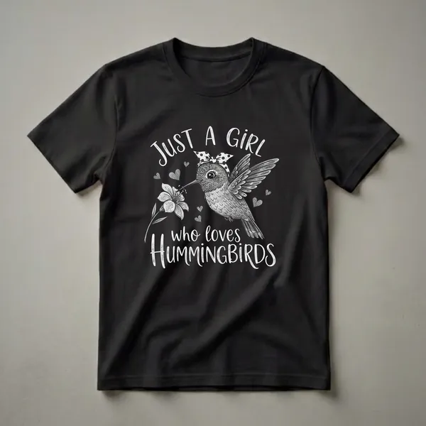 Black t-shirt with a white graphic of a hummingbird wearing a polka dot bandana, feeding from a flower, with small hearts scattered around the design.