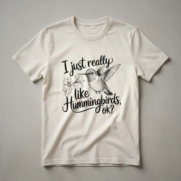 A white graphic t-shirt with a distressed, vintage-style illustration of a hummingbird in flight, surrounded by subtle floral elements.