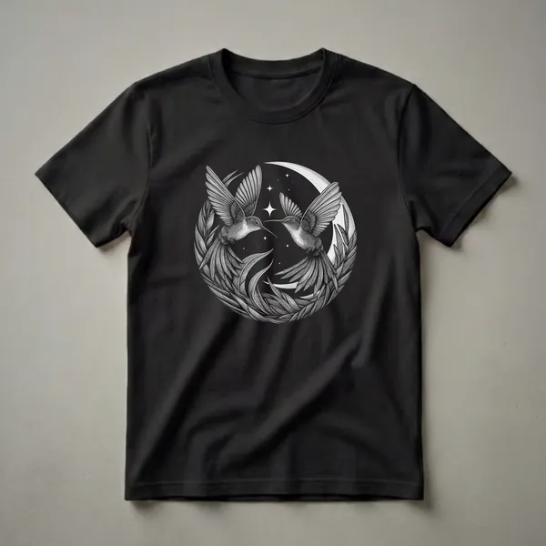 Black t-shirt with a white linework graphic of two hummingbirds facing each other amidst swirling leaves, a crescent moon, and stars.