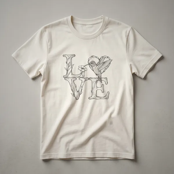 A white graphic t-shirt with a black design of a hummingbird forming a heart shape.