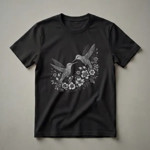 Black t-shirt with a white line drawing of two hummingbirds surrounded by detailed flowers and leaves, presented in a vintage sketch style.