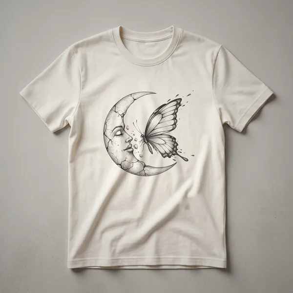 Black t-shirt with a white crescent moon graphic containing a black butterfly silhouette inside, set against a dark background.