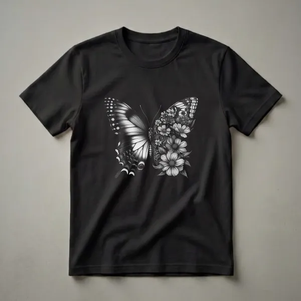 Black and white sketch t-shirt featuring a butterfly with one wing showing intricate patterns and the other wing composed of flowers and leaves.