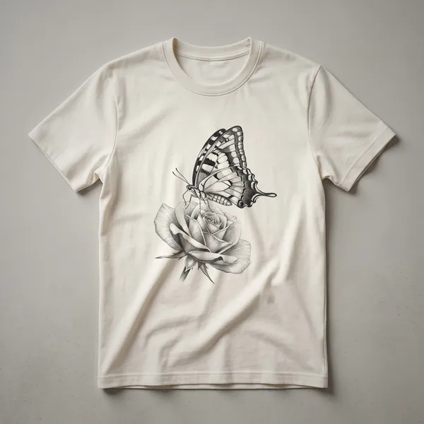 White t-shirt with a watercolor design of a monarch butterfly and pink roses, featuring soft petals and green leaves.