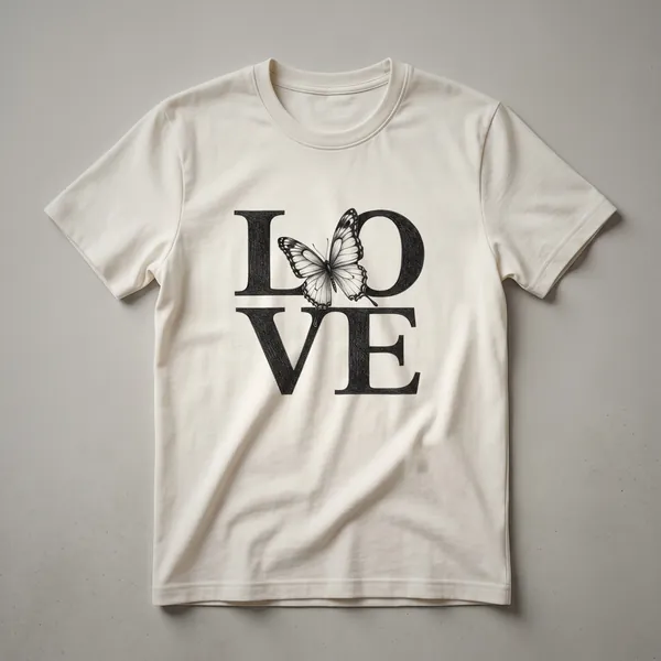 White graphic t-shirt featuring a black line drawing of a butterfly with floral accents, presented on a plain background.