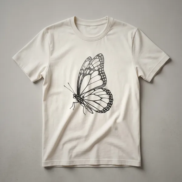 White t-shirt with a black sketch drawing of a butterfly in the center, showcasing detailed wings.