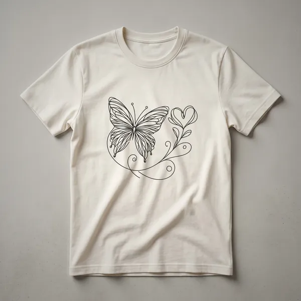 A white t-shirt featuring a black line art design of a butterfly inside a heart shape, symbolizing nature and love.