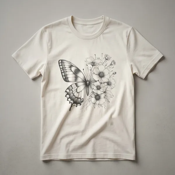 A black and white sketch of a butterfly with detailed wings, surrounded by blooming flowers, printed on a t-shirt.