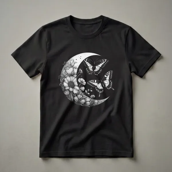 Black and white graphic t-shirt featuring a crescent moon filled with detailed flowers and two butterflies, with small stars and birds in the sky.