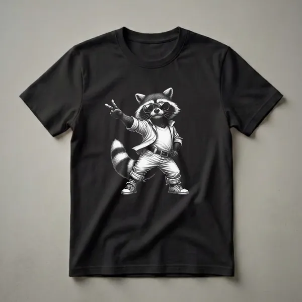 Black and white graphic t-shirt featuring a cool raccoon wearing sunglasses, a button-down shirt, and jeans, striking a peace sign pose.