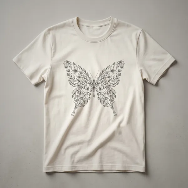 White graphic t-shirt with a colorful butterfly design surrounded by flowers and leaves.