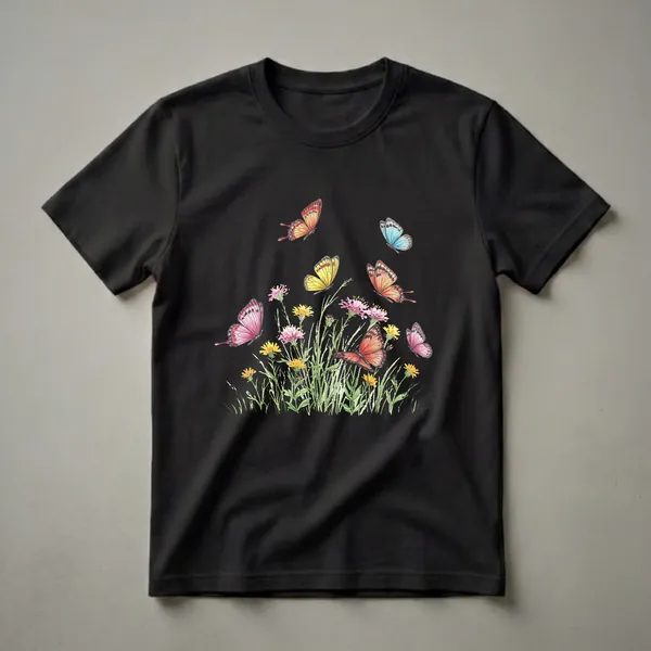 A black t-shirt featuring a colored pencil drawing of various colorful butterflies flying above a meadow of pink and yellow wildflowers and green grass.