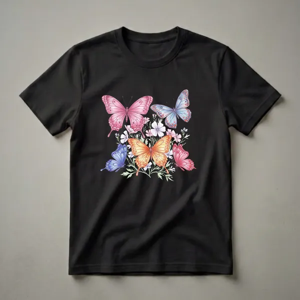 A graphic t-shirt with a black background featuring a colorful collection of five hand-drawn butterflies in pink, blue, orange, and red, surrounded by small white and purple flowers.