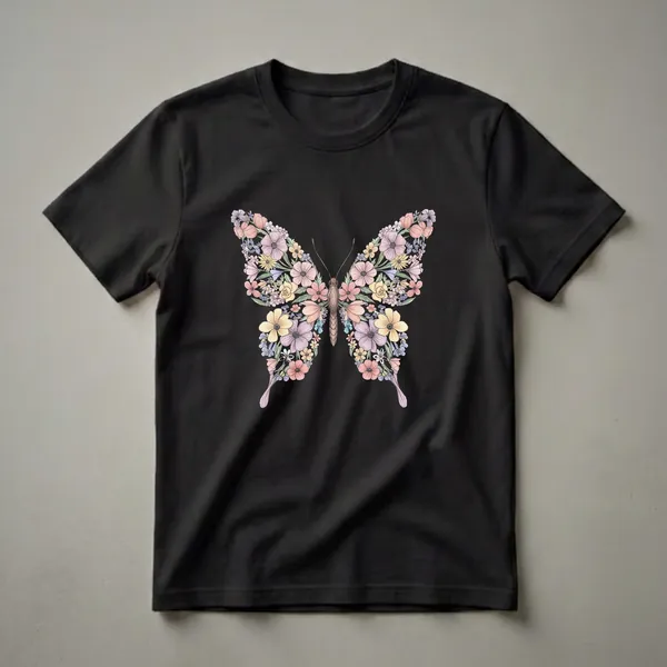 Black t-shirt featuring a butterfly graphic composed of colorful flowers and green leaves, with a brown, textured body.