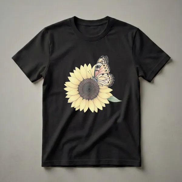 A graphic t-shirt featuring a detailed illustration of a butterfly with peach and black wings perched on a yellow sunflower with a green leaf.