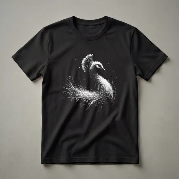 Black t-shirt with a luminescent white peacock in profile, long wispy tail feathers flowing behind with scattered eye accents and dot speckles.